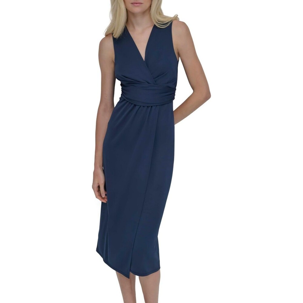 DKNY Sleeveless Surplice Side Ruched Midi Dress Indigo Blue NWT Size 8 or 14